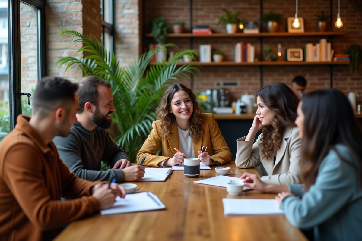 Groupe d adultes discutant autour d une table de café