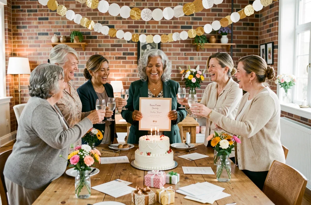 Groupe de collègues femmes fêtant le départ à la retraite autour d'un gâteau dans une salle conviviale