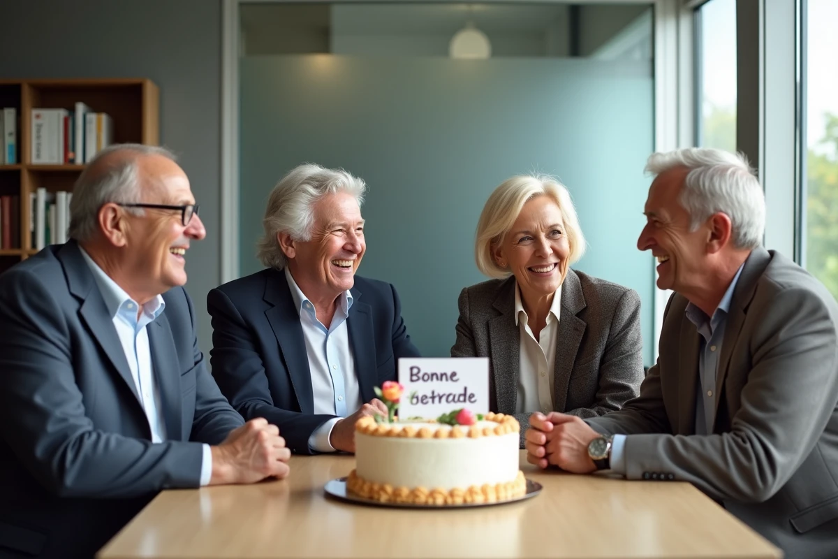 Groupe de collègues riant ensemble autour d'un gâteau de départ à la retraite au bureau