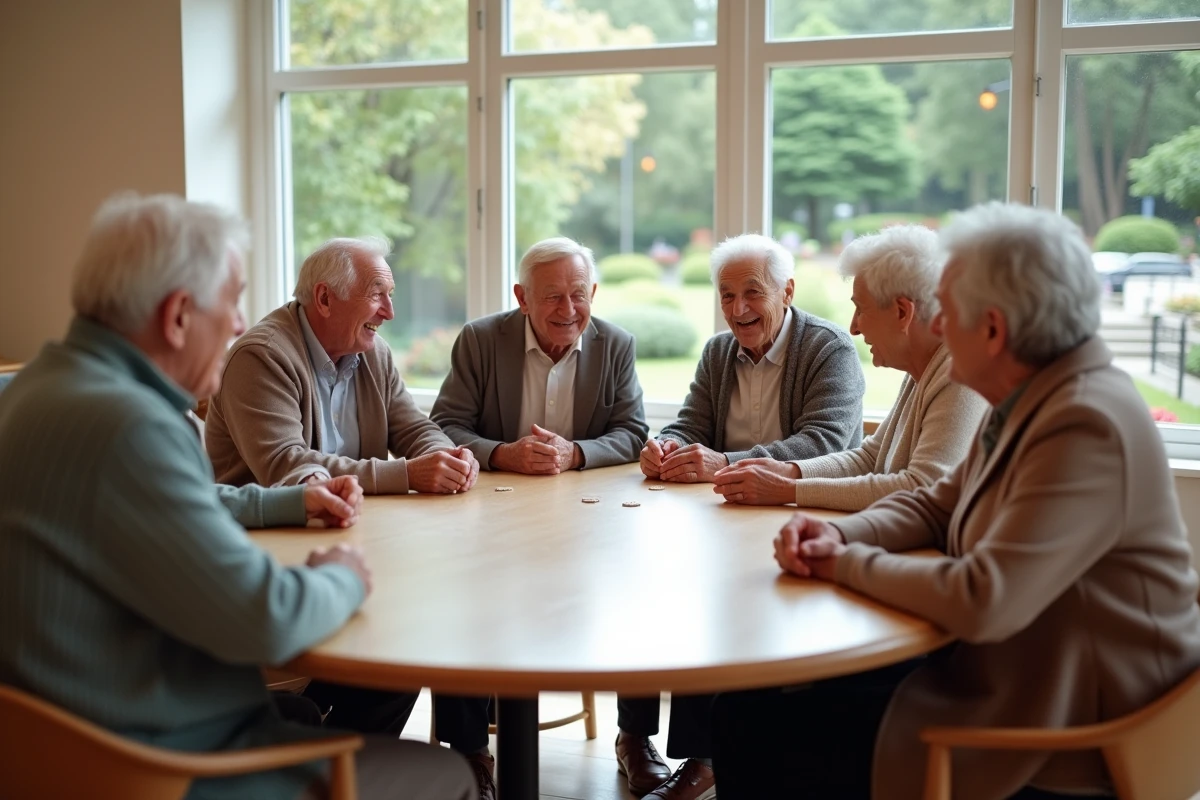 Groupe de seniors jouant à un jeu de société dans une salle lumineuse