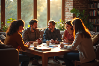 Groupe de personnes discutant dans un salon lumineux