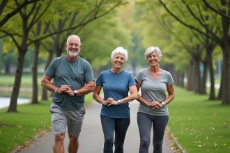 Groupe de seniors en plein air faisant des étirements dans un parc