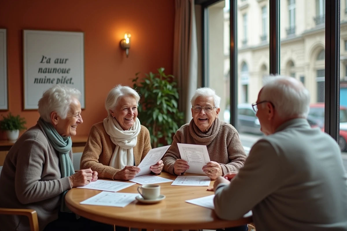 Groupe de seniors actifs se retrouvant dans le salon de bien-être de Quintonic Paris pour partager les programmes d'intégration