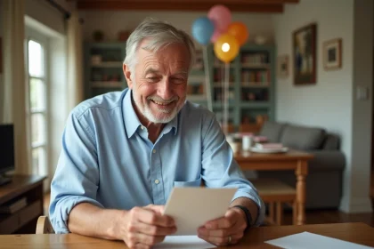 Homme de 70 ans ouvrant une carte d anniversaire avec un sourire chaleureux