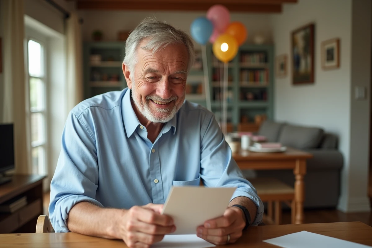Homme de 70 ans ouvrant une carte d anniversaire avec un sourire chaleureux