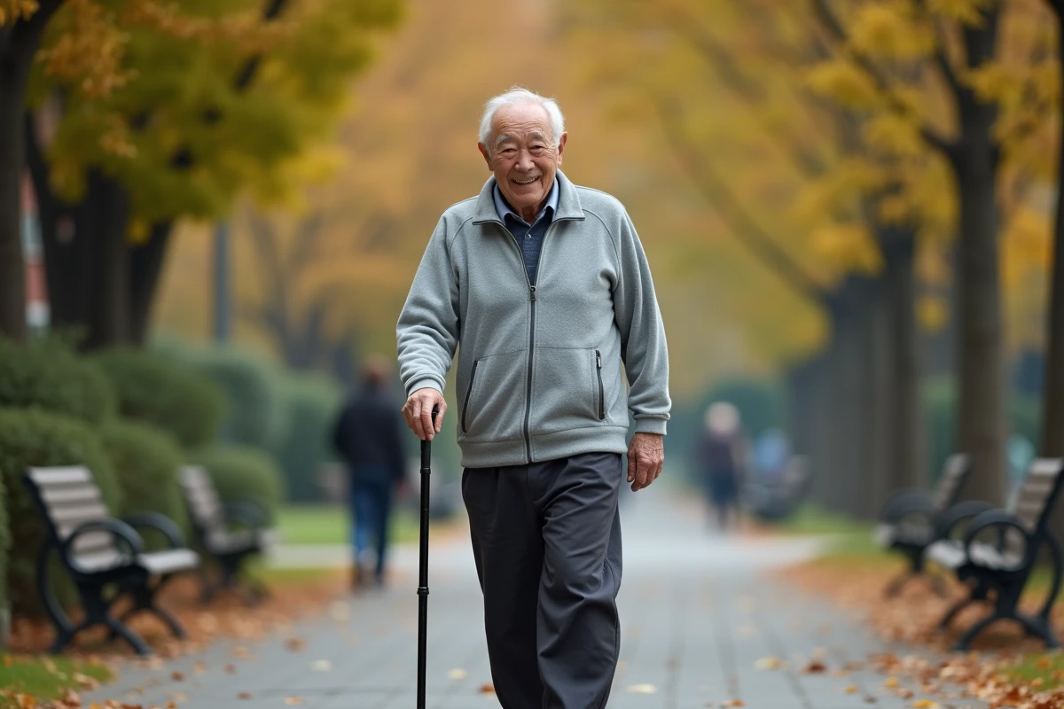 Homme âgé marchant serenement dans un parc avec une canne, symbolisant la sécurité et la mobilité des seniors en extérieur