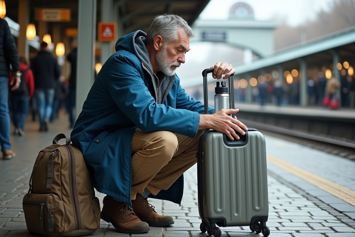 Homme vérifie son billet à la gare en voyage pratique