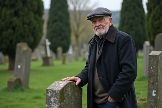 Homme âgé dans un cimetière paisible en pleine nature