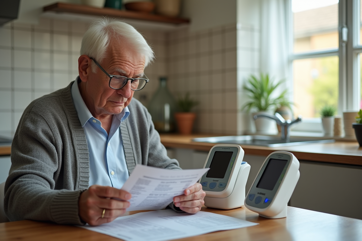 Homme âgé comparant instructions de moniteurs de tension