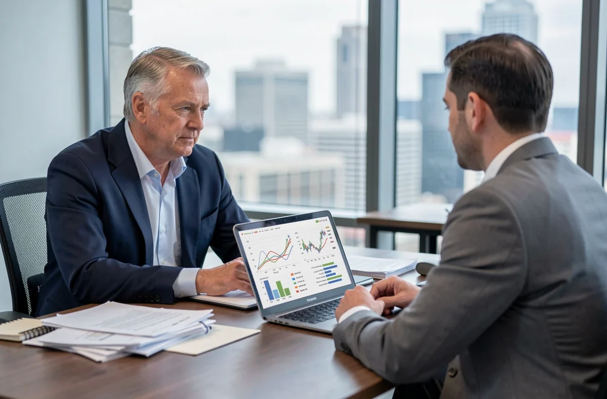 Homme approchant la retraite en réunion avec un conseiller financier pour discuter de la réforme et du calcul des meilleures années de salaire