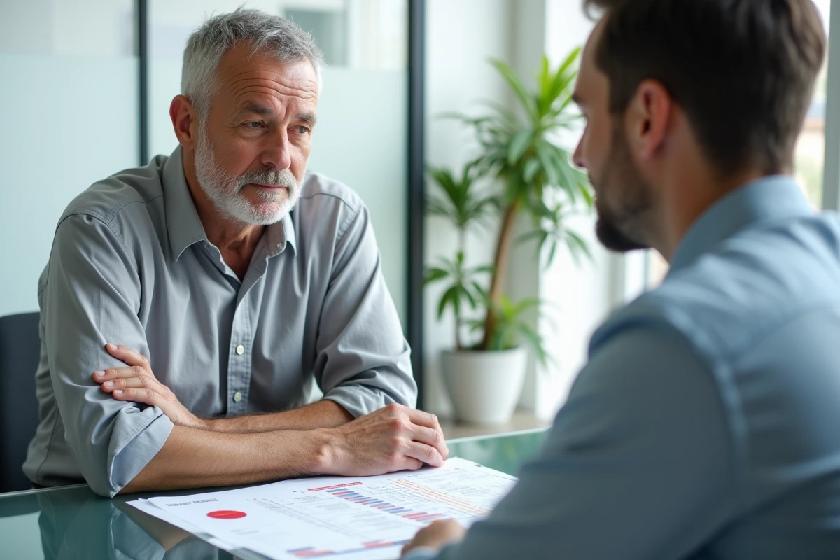 Homme de 65 ans en consultation avec un conseiller retraite pour calculer ses trimestres validés et préparer sa retraite à taux plein en 2026