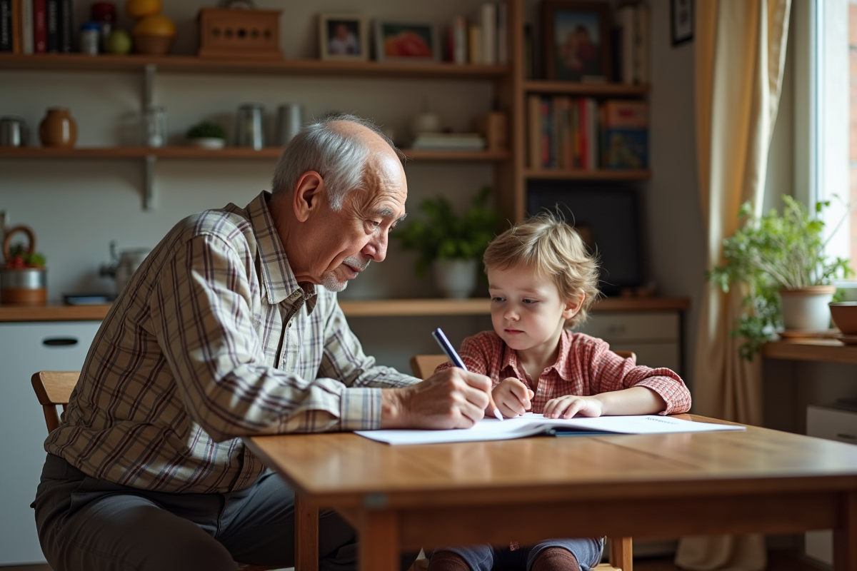 Homme âgé aidant un enfant avec ses devoirs à la cuisine