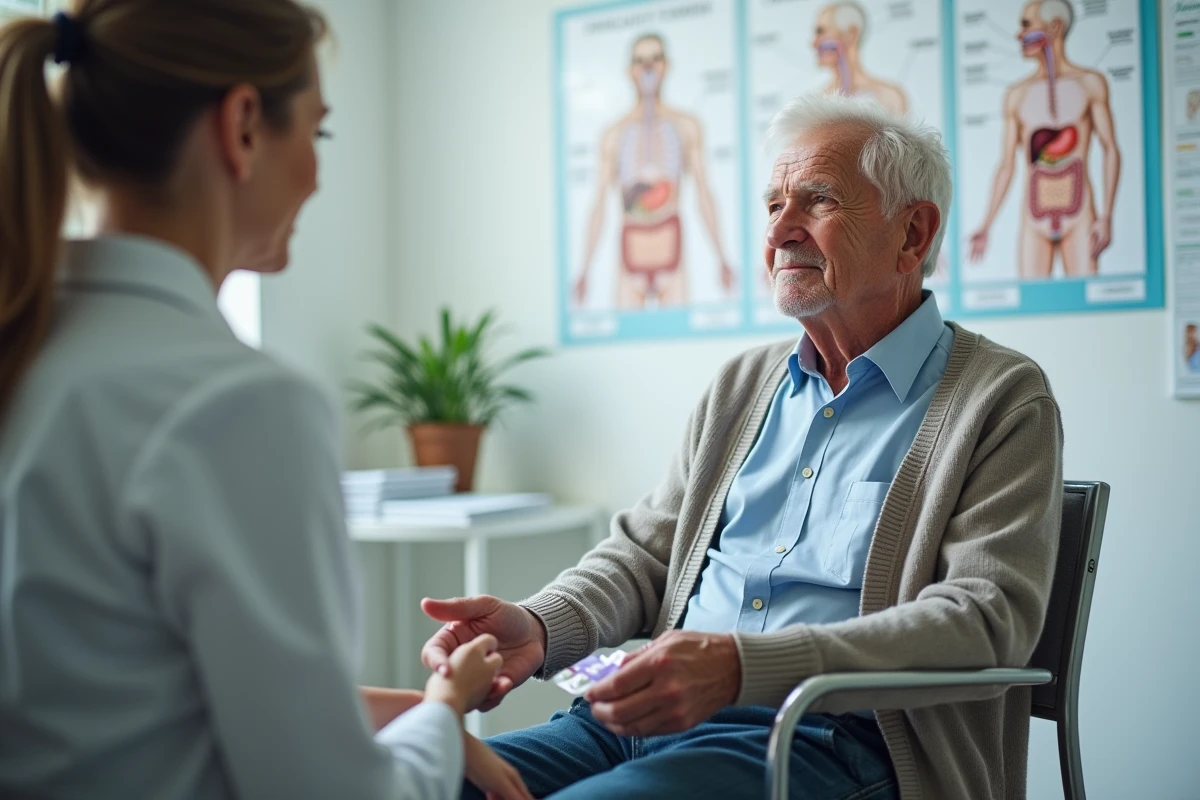 Homme âgé en consultation médicale tenant un médicament
