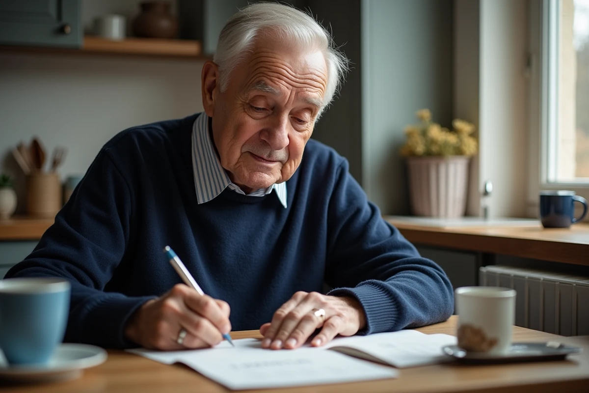 Homme âgé écrivant un message d