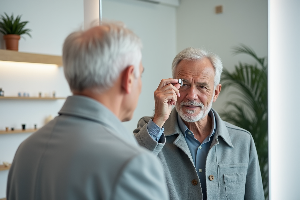 Homme âgé essayant un appareil auditif dans une clinique moderne