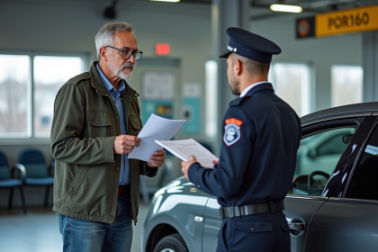 Homme français remettant documents à un inspecteur lors d'une inspection