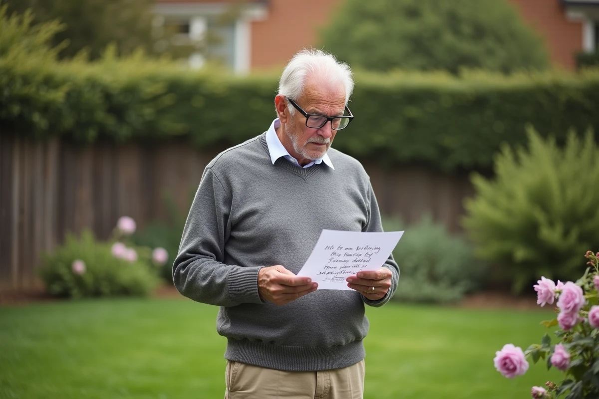 Homme âgé lisant un message d anniversaire dans un jardin fleuri