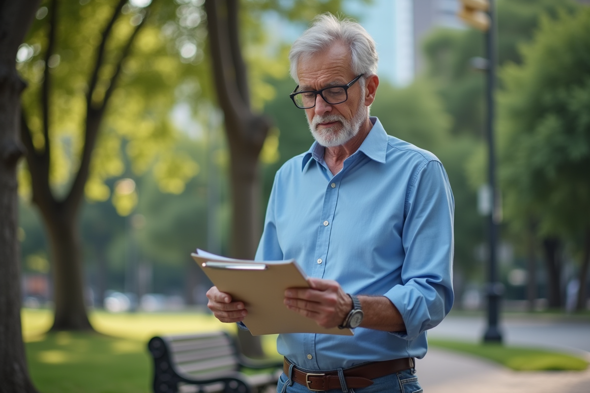 Homme lisant des papiers dans un parc urbain