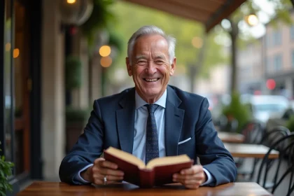 Homme élégant lisant une citation au café