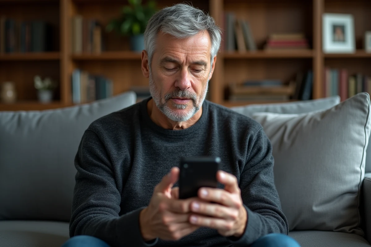 Homme d'âge mûr tapant un message de condoléances sur son smartphone dans un salon sobre et discret