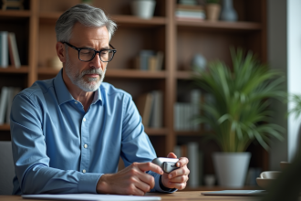 Homme d'âge moyen examinant un appareil auditif moderne