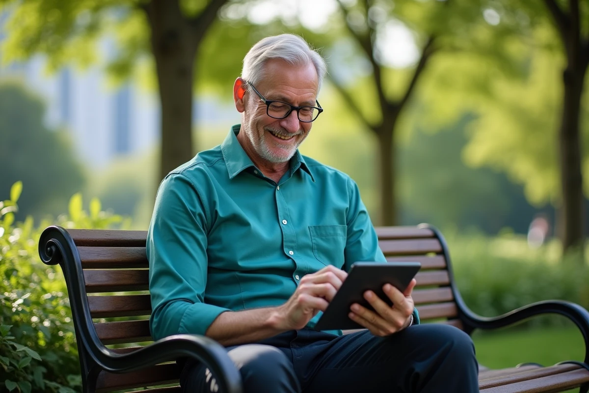 Homme en parc utilisant une tablette avec sourire