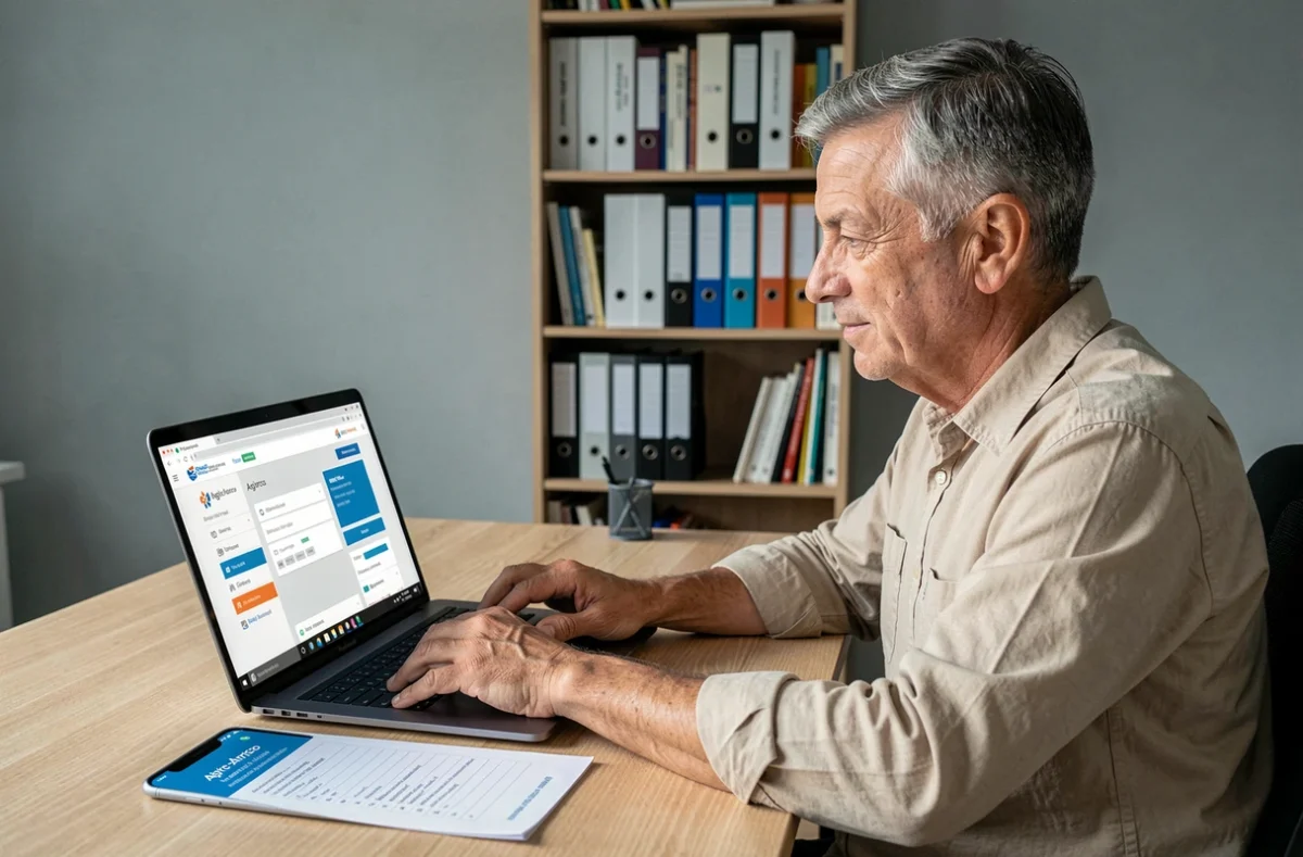 Un homme consulte le portail en ligne Agirc-Arrco pour remplir son formulaire de retraite complémentaire depuis son bureau à domicile