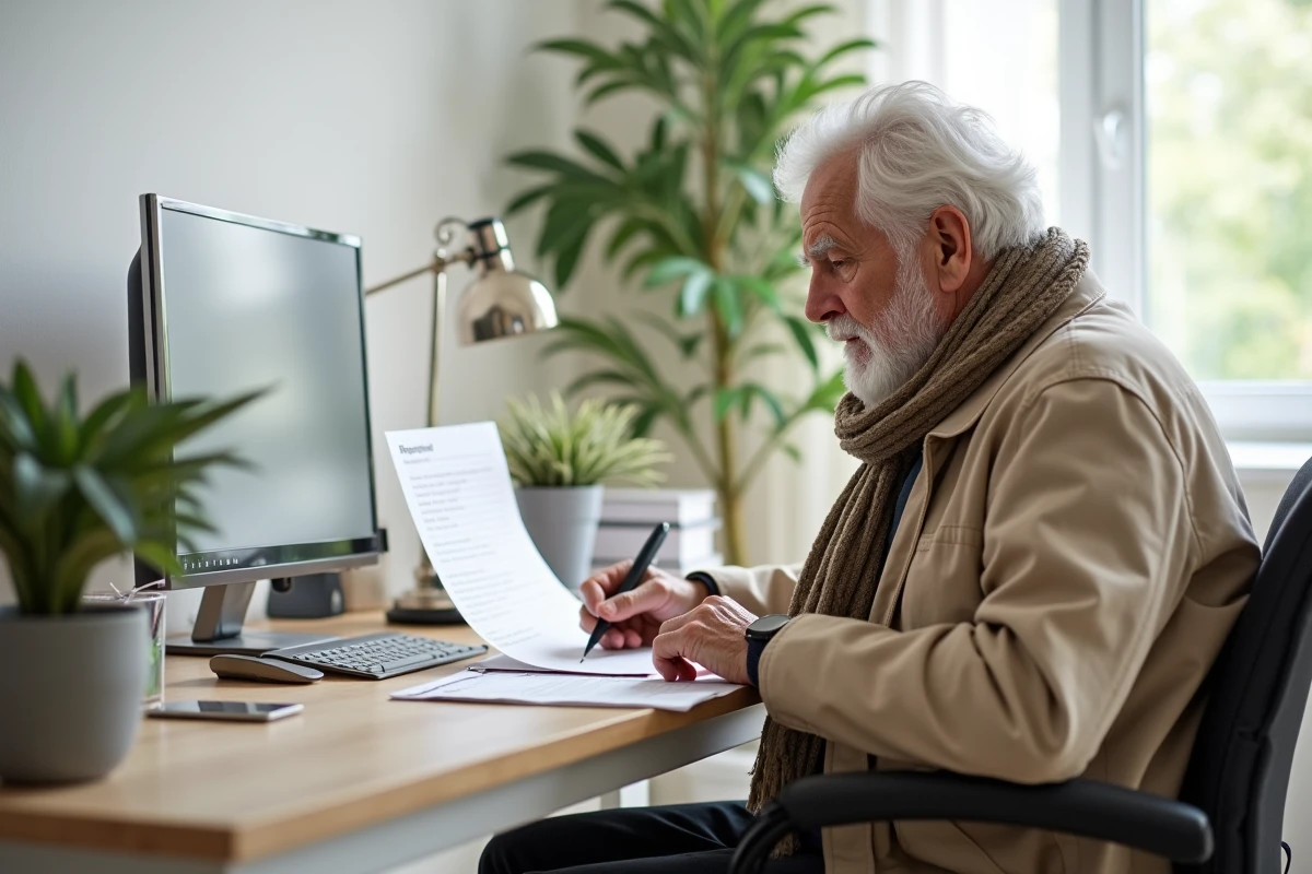Homme âgé remplissant un formulaire de remboursement à domicile