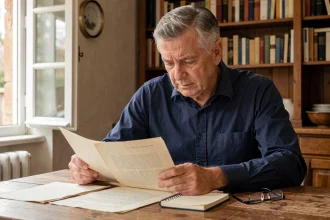 Homme de 58 ans consultant ses documents de retraite à table, illustrant la démarche pour la retraite anticipée carrière longue