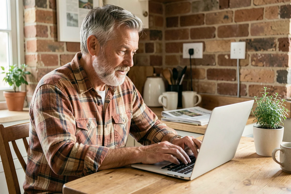 Homme à la retraite rédigeant un email humoristique de départ sur un ordinateur portable dans une cuisine chaleureuse