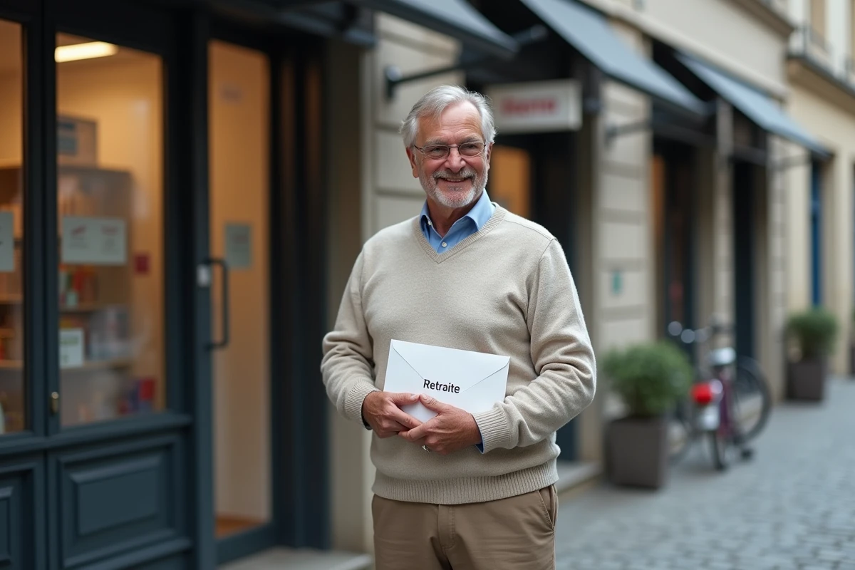 Homme tenant une enveloppe de retraite devant un bureau moderne