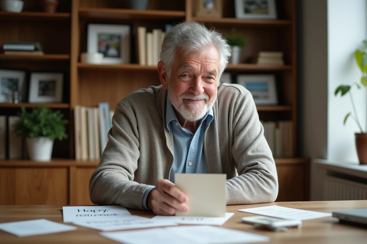 Homme souriant dans son bureau avec cartes de retraite