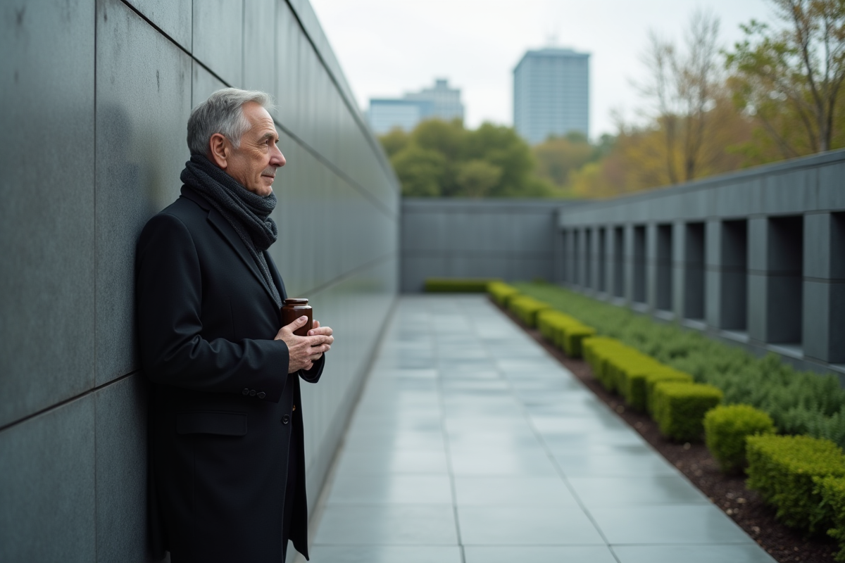 Homme contemplant un columbarium dans un jardin moderne