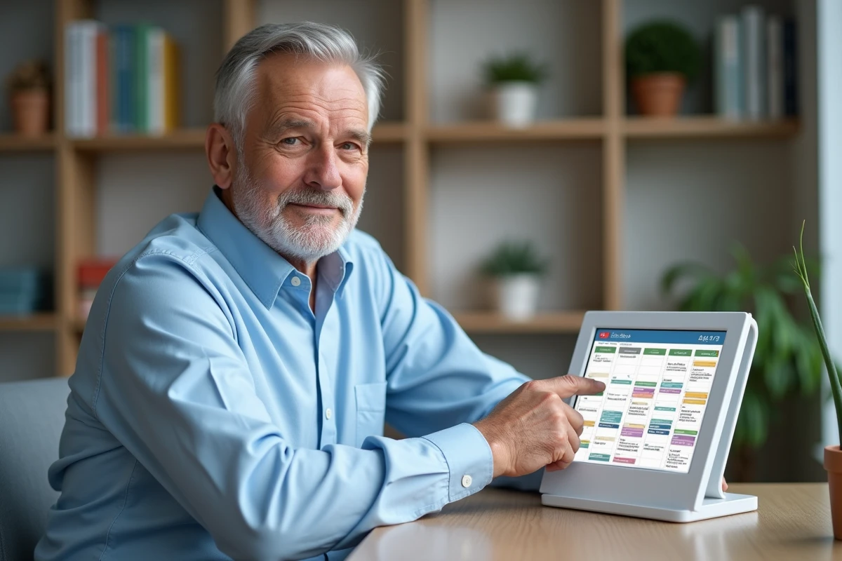 Homme senior consultant un calendrier électronique sur un bureau à domicile avec interface lisible