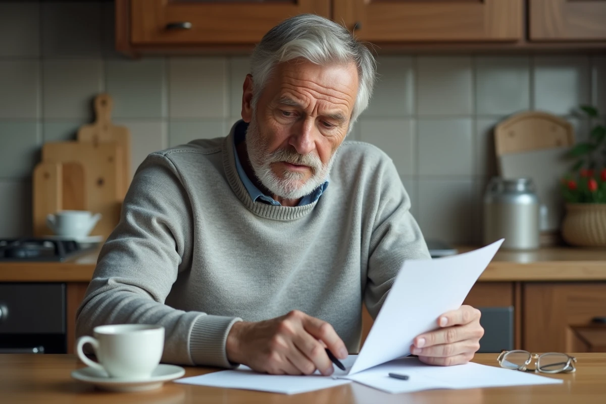 Homme à la retraite relisant une lettre de départ à temps partiel dans sa cuisine