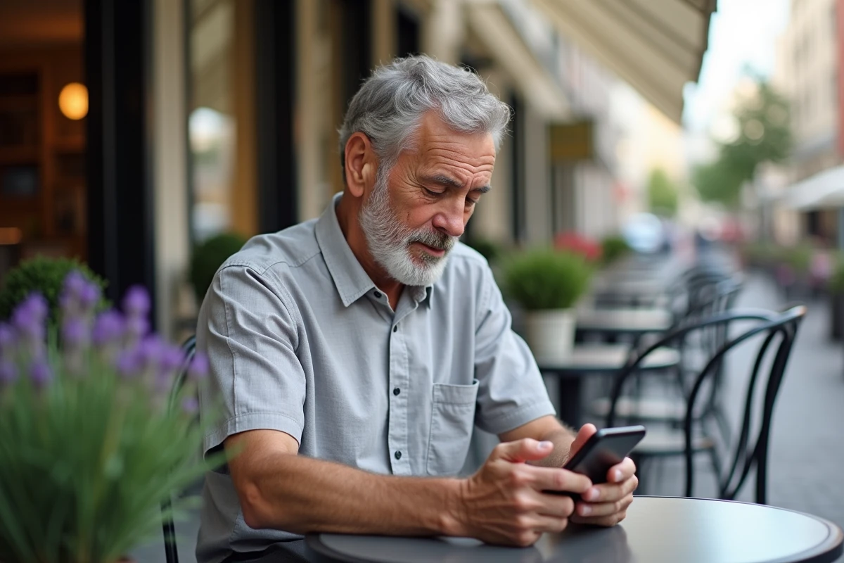 Homme senior distingué consultant son profil sur un site de rencontre depuis une terrasse de café chic