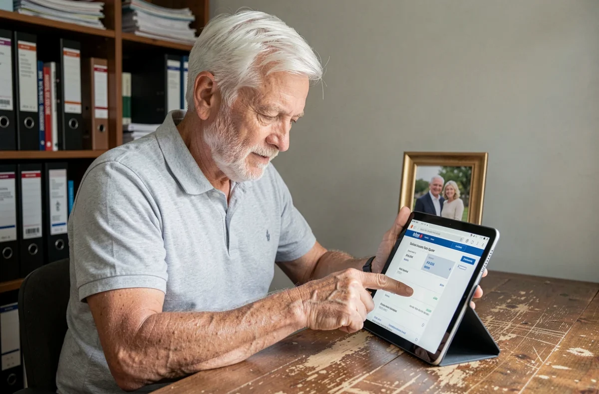 Homme âgé utilisant une tablette pour demander un devis Gestea Senior depuis son bureau à domicile
