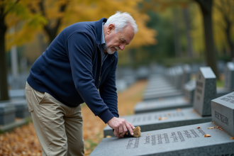 Homme âgé nettoie une plaque gravée sur une tombe