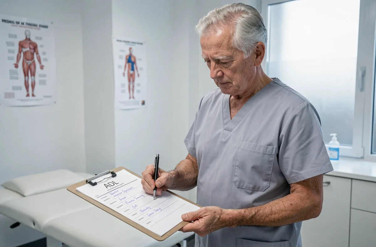 Infirmier gériatrique complétant un formulaire de score ADL dans une salle de consultation hospitalière