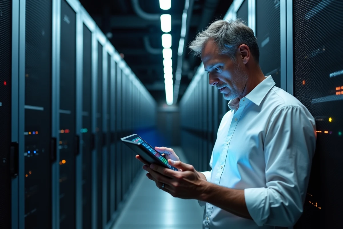 Ingénieur informatique inspectant les serveurs sécurisés d'une infrastructure de protection des données confidentielles