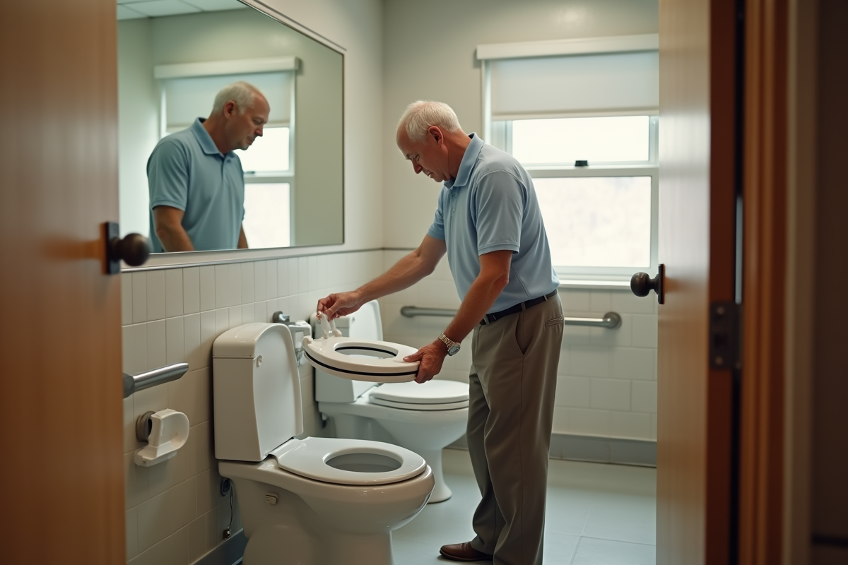 Homme âgé vérifiant une assise de toilette dans une salle de bain