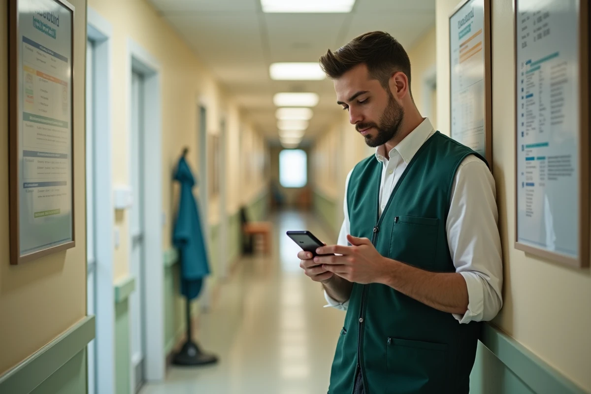 Intervenant à domicile ADMR consultant son planning sur smartphone dans un couloir de structure médico-sociale
