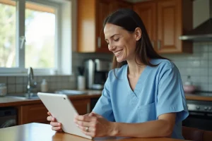 Intervenante ADMR consultant l'application Philia sur une tablette dans une cuisine de domicile