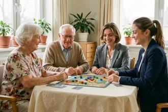 Groupe intergénérationnel de seniors et de proches jouant à un jeu de société autour d'une table en bois dans une salle commune de maison de retraite