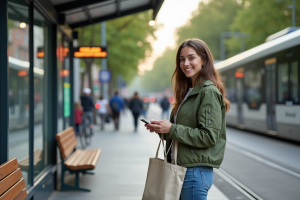 Jeune femme souriante à un arrêt de tram urbain