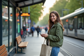 Jeune femme souriante à un arrêt de tram urbain