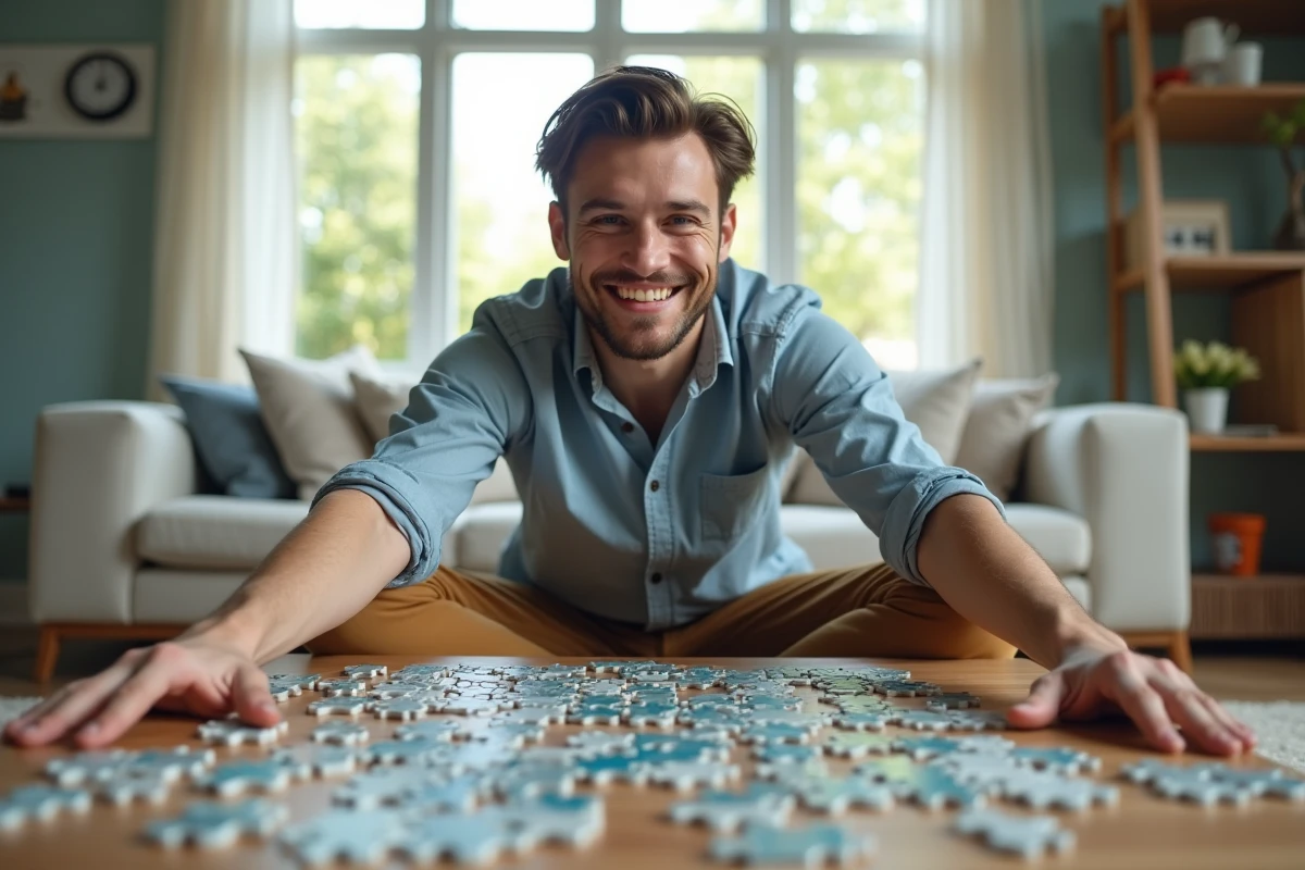 Jeune homme souriant après avoir terminé un puzzle dans le salon