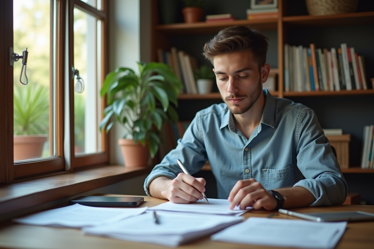 Jeune homme travaillant sur un dossier APA à la maison