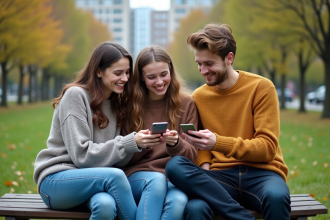 Trois jeunes adultes souriants sur un banc dans un parc urbain