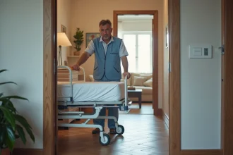 Livreur en uniforme déplaçant un lit d'hôpital dans un appartement